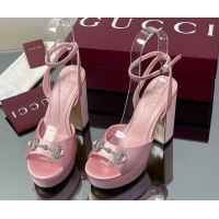Discount Gucci Satin Platform Sandals 11.5cm with Strass Horsebit Pink 50711140