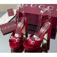 Grade Quality Gucci Satin Platform Sandals 11.5cm with Strass Horsebit Red 50711141