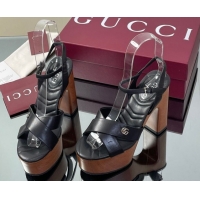 Buy New Cheap Gucci Platform Sandals 13cm with Wood-Like Outsole in Lambskin Leather Black 50711142