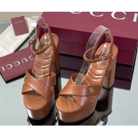 Durable Gucci Platform Sandals 13cm with Wood-Like Outsole in Lambskin Leather Brown 50711143