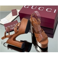 Durable Gucci Platform Sandals 13cm with Wood-Like Outsole in Lambskin Leather Brown 50711143