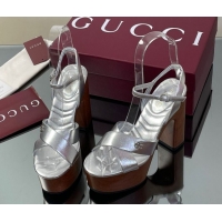 Shop Cheap Gucci Platform Sandals 13cm with Wood-Like Outsole in Metallic Leather Silver 50711147