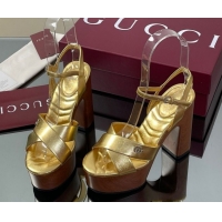 Good Quality Gucci Platform Sandals 13cm with Wood-Like Outsole in Metallic Leather Gold 50711148