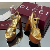 Good Quality Gucci Platform Sandals 13cm with Wood-Like Outsole in Metallic Leather Gold 50711148