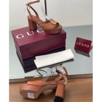 Pretty Style Gucci Leather Platform Sandals 8.5cm with Double G Brown 50711150