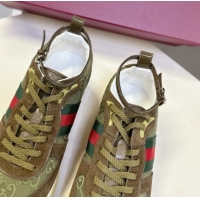Best Product Gucci Women's Re-Motion Sneakers with Ankle Strap in GG Canvas and Suede Dark Green 832918