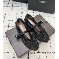​Luxury Discount Alaia Ballet Flats in Fishnet and Patent Leather with Pyramid Studs AL053101 Black 2024
