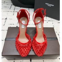 Famous Brand Alaia High Heel Pumps 9.5cm in Fishnet and Patent Leather with Pyramid Studs AL100802 Red 2024
