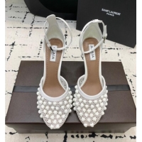 Most Popular Alaia High Heel Pumps 9.5cm in Fishnet and Patent Leather with Pyramid Studs AL100802 White 2024