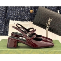 Best Grade Gucci Patent Leather Slingback Pump 4.5cm With Strass GG Buckle Strap Burgundy 0712013