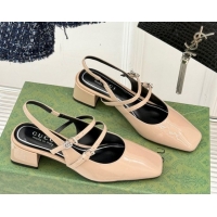 Top Grade Gucci Patent Leather Slingback Pump 4.5cm With Strass GG Buckle Strap Nude 0712015