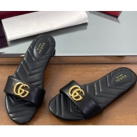 Luxury Gucci Leather Flat Slides Sandal with Double G Black 2025 832449