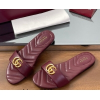 Stylish Gucci Leather Flat Slides Sandal with Double G Dark Burgundy 832449