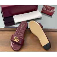 Stylish Gucci Leather Flat Slides Sandal with Double G Dark Burgundy 832449