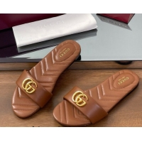 Sumptuous Gucci Leather Flat Slides Sandal with Double G Brown 832449