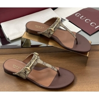 Most Popular Gucci Thong Sandal with Horsebit in GG Canvas & Leather 816590 Dark Brown