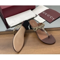Most Popular Gucci Thong Sandal with Horsebit in GG Canvas & Leather 816590 Dark Brown