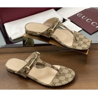 Stylish Gucci Thong Sandal with Horsebit in GG Canvas & Leather 816590 Light Brown