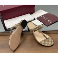 Stylish Gucci Thong Sandal with Horsebit in GG Canvas & Leather 816590 Light Brown