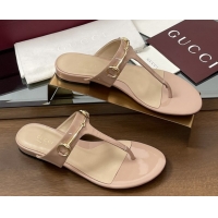 Top Grade Gucci Thong Sandal with Horsebit in Patent Leather 816590 Nude