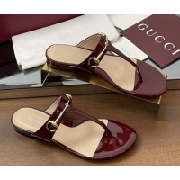 Shop Cheap Gucci Thong Sandal with Horsebit in Patent Leather 816590 Burgundy