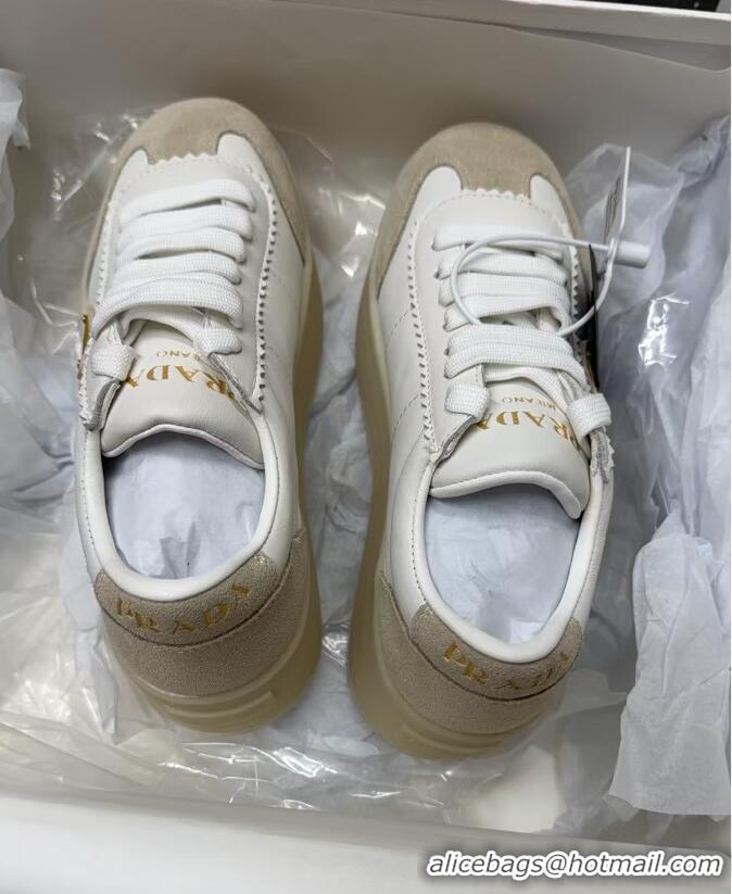 Luxury Cheap Prada Downtown Bold Nappa Leather and Suede Sneakers White 2025 1E928N