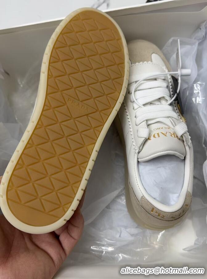 Luxury Cheap Prada Downtown Bold Nappa Leather and Suede Sneakers White 2025 1E928N