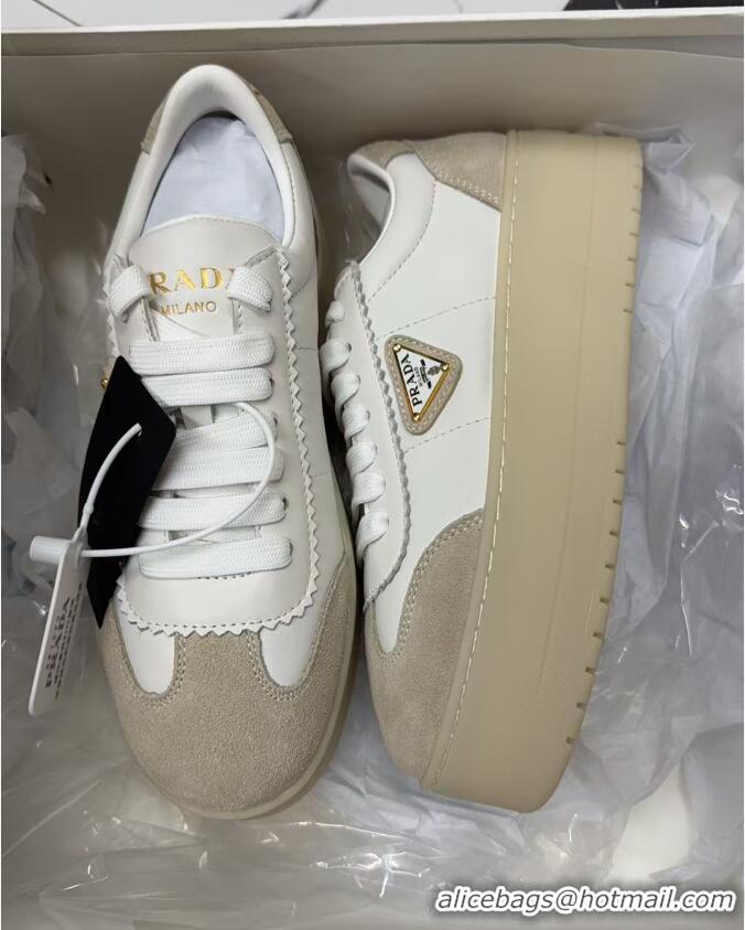 Luxury Cheap Prada Downtown Bold Nappa Leather and Suede Sneakers White 2025 1E928N
