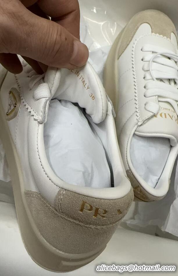 Luxury Cheap Prada Downtown Bold Nappa Leather and Suede Sneakers White 2025 1E928N