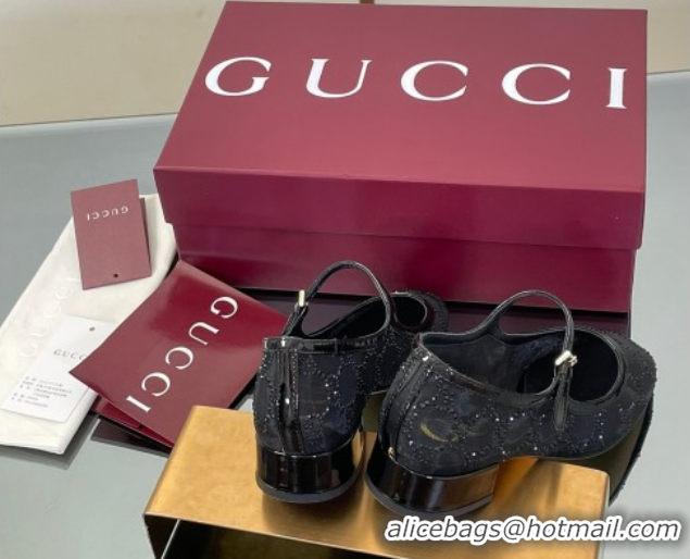 Buy New Cheap Gucci Allover GG Strass Mesh Mary Janes Pumps 2.5cm Black 836809
