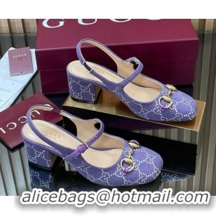 Buy Luxury Gucci Horsebit Mary Janes Slingback Pumps 5.5cm in Strass Denim Purple 2025 801893