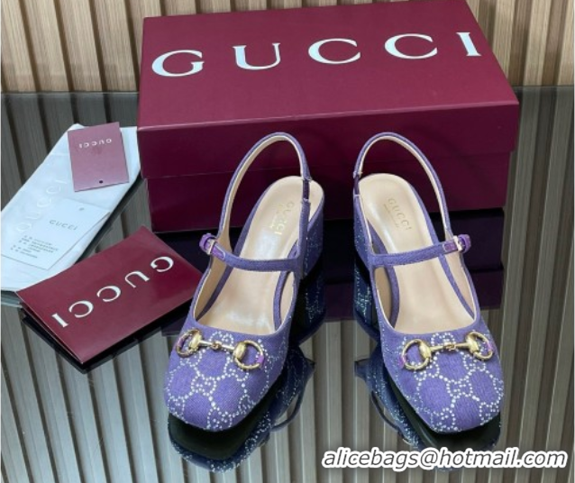 Buy Luxury Gucci Horsebit Mary Janes Slingback Pumps 5.5cm in Strass Denim Purple 2025 801893