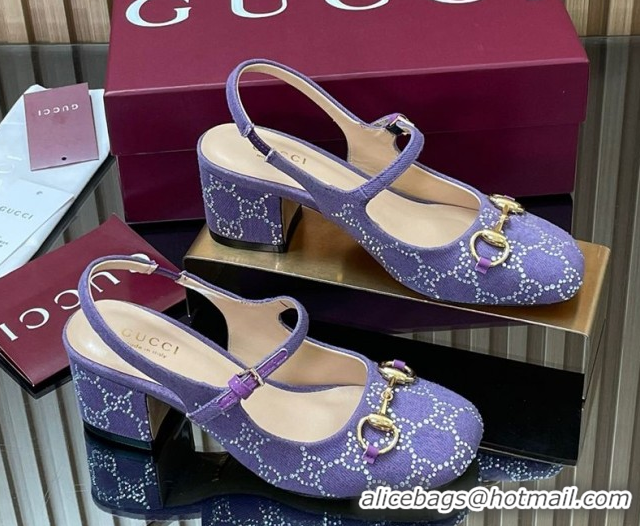 Buy Luxury Gucci Horsebit Mary Janes Slingback Pumps 5.5cm in Strass Denim Purple 2025 801893