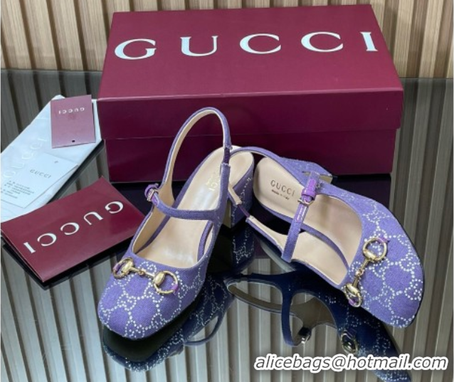 Buy Luxury Gucci Horsebit Mary Janes Slingback Pumps 5.5cm in Strass Denim Purple 2025 801893