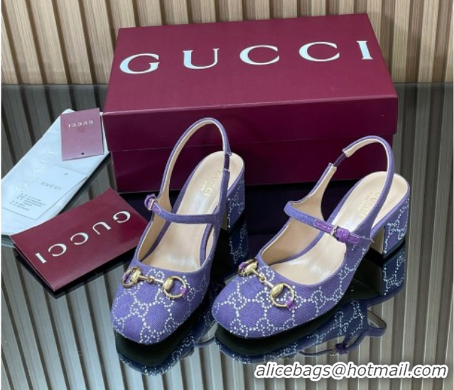 Buy Luxury Gucci Horsebit Mary Janes Slingback Pumps 5.5cm in Strass Denim Purple 2025 801893