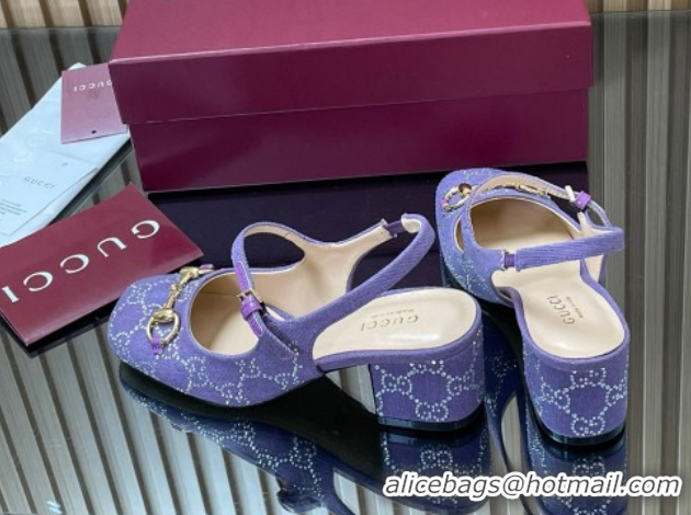 Buy Luxury Gucci Horsebit Mary Janes Slingback Pumps 5.5cm in Strass Denim Purple 2025 801893