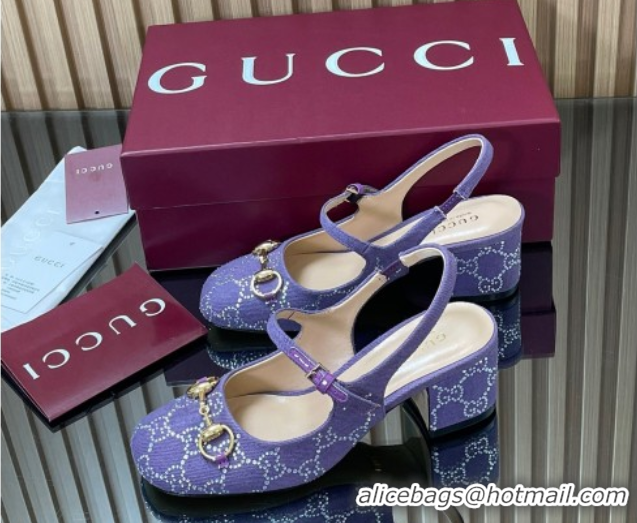 Buy Luxury Gucci Horsebit Mary Janes Slingback Pumps 5.5cm in Strass Denim Purple 2025 801893