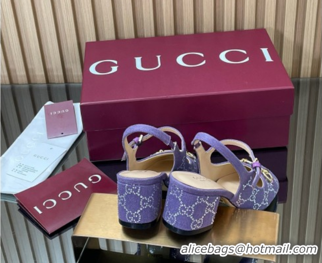 Buy Luxury Gucci Horsebit Mary Janes Slingback Pumps 5.5cm in Strass Denim Purple 2025 801893