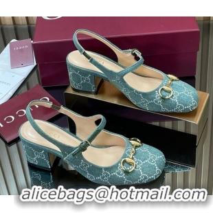 Classic Hot Gucci Horsebit Mary Janes Slingback Pumps 5.5cm in Strass Denim Green 2025 801893
