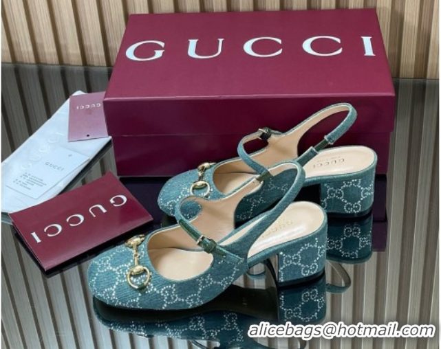 Classic Hot Gucci Horsebit Mary Janes Slingback Pumps 5.5cm in Strass Denim Green 2025 801893
