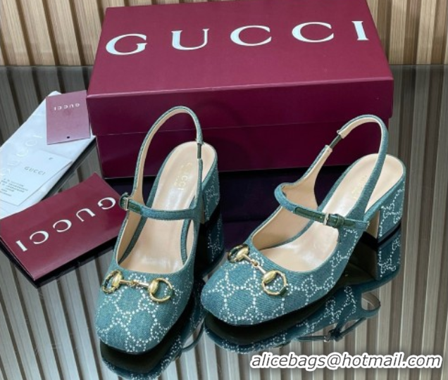 Classic Hot Gucci Horsebit Mary Janes Slingback Pumps 5.5cm in Strass Denim Green 2025 801893