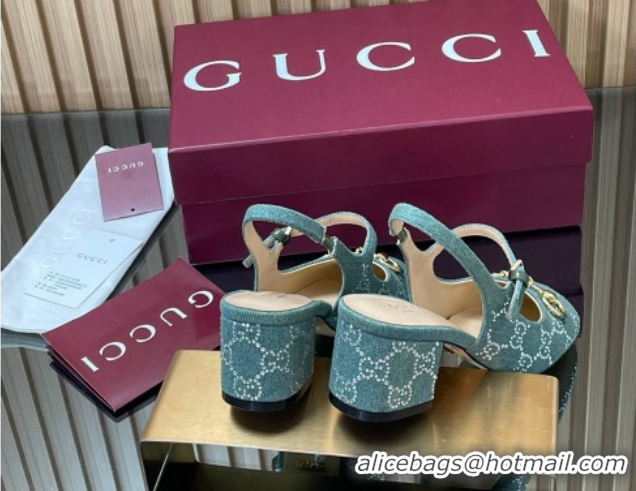Classic Hot Gucci Horsebit Mary Janes Slingback Pumps 5.5cm in Strass Denim Green 2025 801893