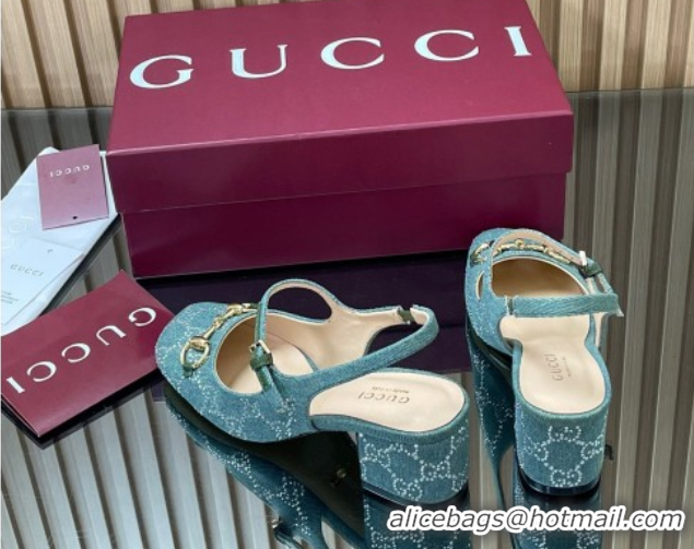 Classic Hot Gucci Horsebit Mary Janes Slingback Pumps 5.5cm in Strass Denim Green 2025 801893