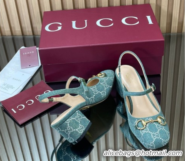 Classic Hot Gucci Horsebit Mary Janes Slingback Pumps 5.5cm in Strass Denim Green 2025 801893