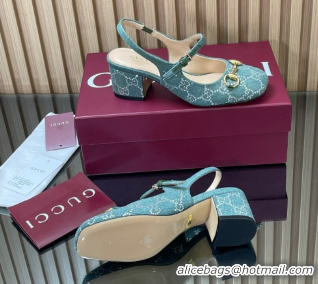 Classic Hot Gucci Horsebit Mary Janes Slingback Pumps 5.5cm in Strass Denim Green 2025 801893
