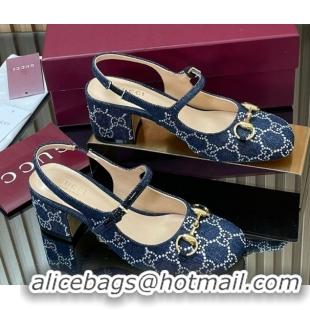 Unique Style Gucci Horsebit Mary Janes Slingback Pumps 5.5cm in Strass Denim Blue 2025 801893