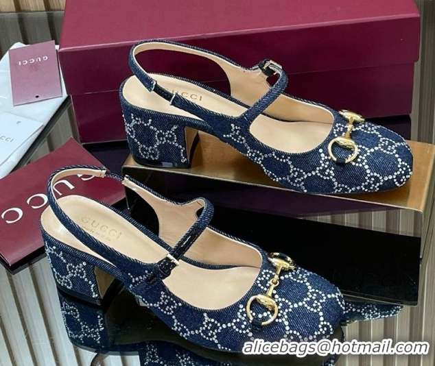 Unique Style Gucci Horsebit Mary Janes Slingback Pumps 5.5cm in Strass Denim Blue 2025 801893