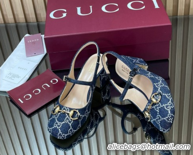 Unique Style Gucci Horsebit Mary Janes Slingback Pumps 5.5cm in Strass Denim Blue 2025 801893