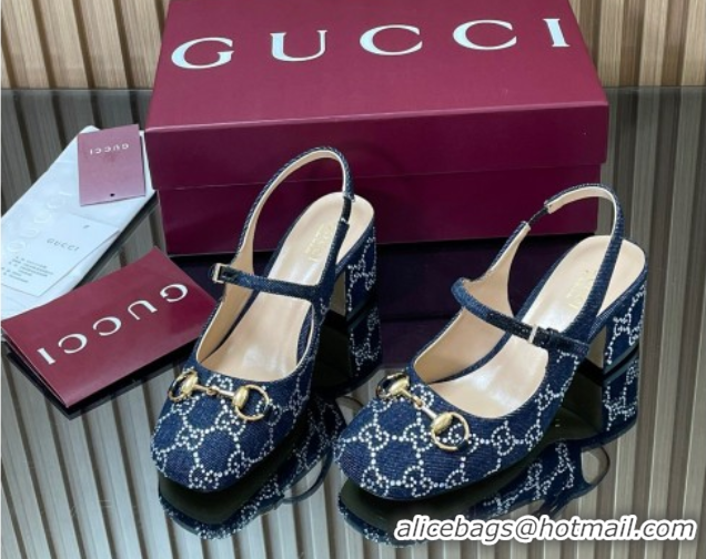 Unique Style Gucci Horsebit Mary Janes Slingback Pumps 5.5cm in Strass Denim Blue 2025 801893