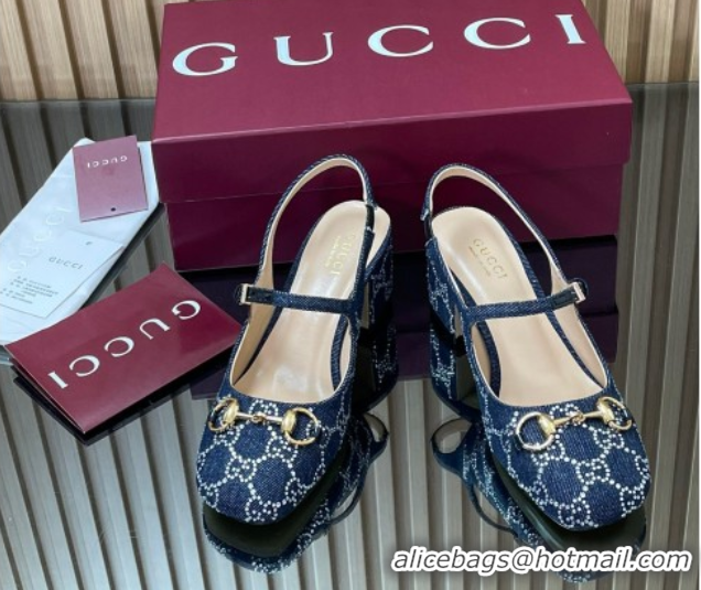 Unique Style Gucci Horsebit Mary Janes Slingback Pumps 5.5cm in Strass Denim Blue 2025 801893